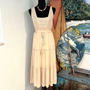 Baeverly, Gorgeous Lined, Cream, Twirl-Able Dress, Faux Embellished Drawstring